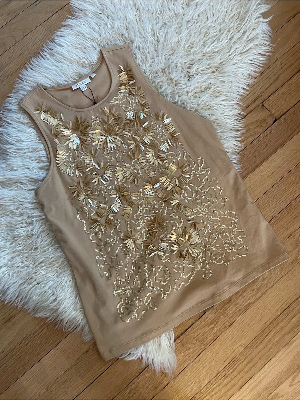 Chico's Camel Sleeveless Tank with Gold Floral Embellishment